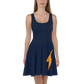 Front view of a woman wearing a navy blue bitcoin skater dress.