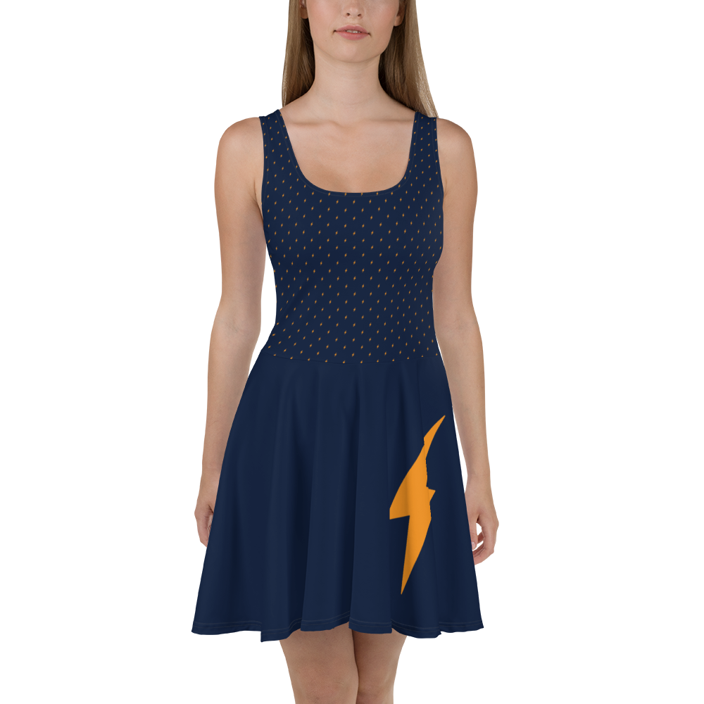 Front view of a woman wearing a navy blue bitcoin skater dress.