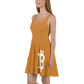 Side view of a woman wearing an orange bitcoin skater dress.