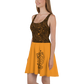 Side view of a woman wearing a black and orange bitcoin skater dress.