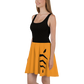 Side view of a woman wearing a black and orange bitcoin skater dress.