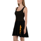 Side view of a woman wearing a black bitcoin skater dress.