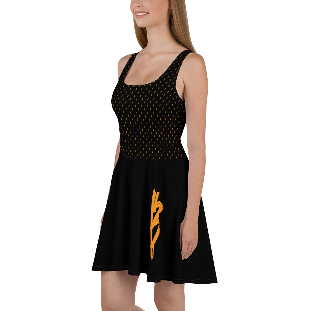 Side view of a woman wearing a black bitcoin skater dress.