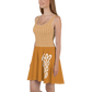 Side view of a woman wearing an orange bitcoin skater dress.