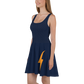 Side view of a woman wearing a navy blue bitcoin skater dress.