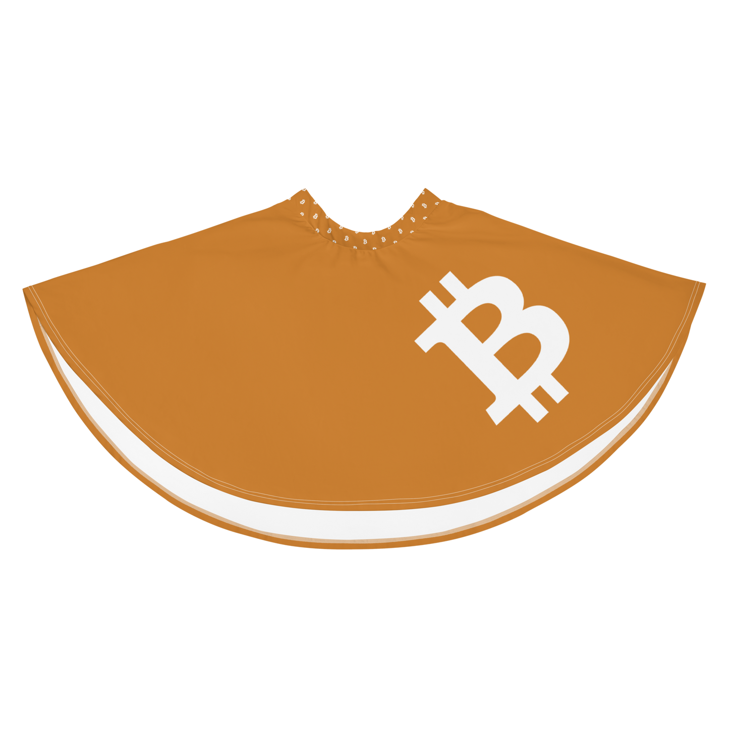 Front view of an orange bitcoin skirt.