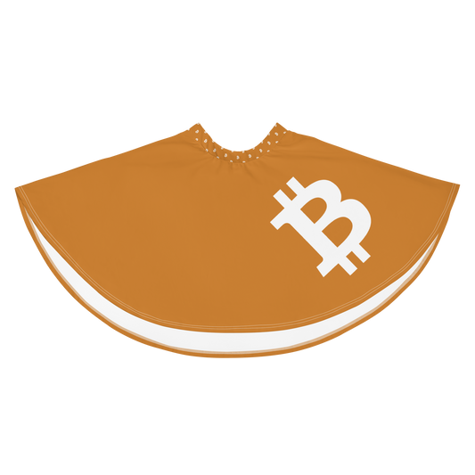 Front view of an orange bitcoin skirt.