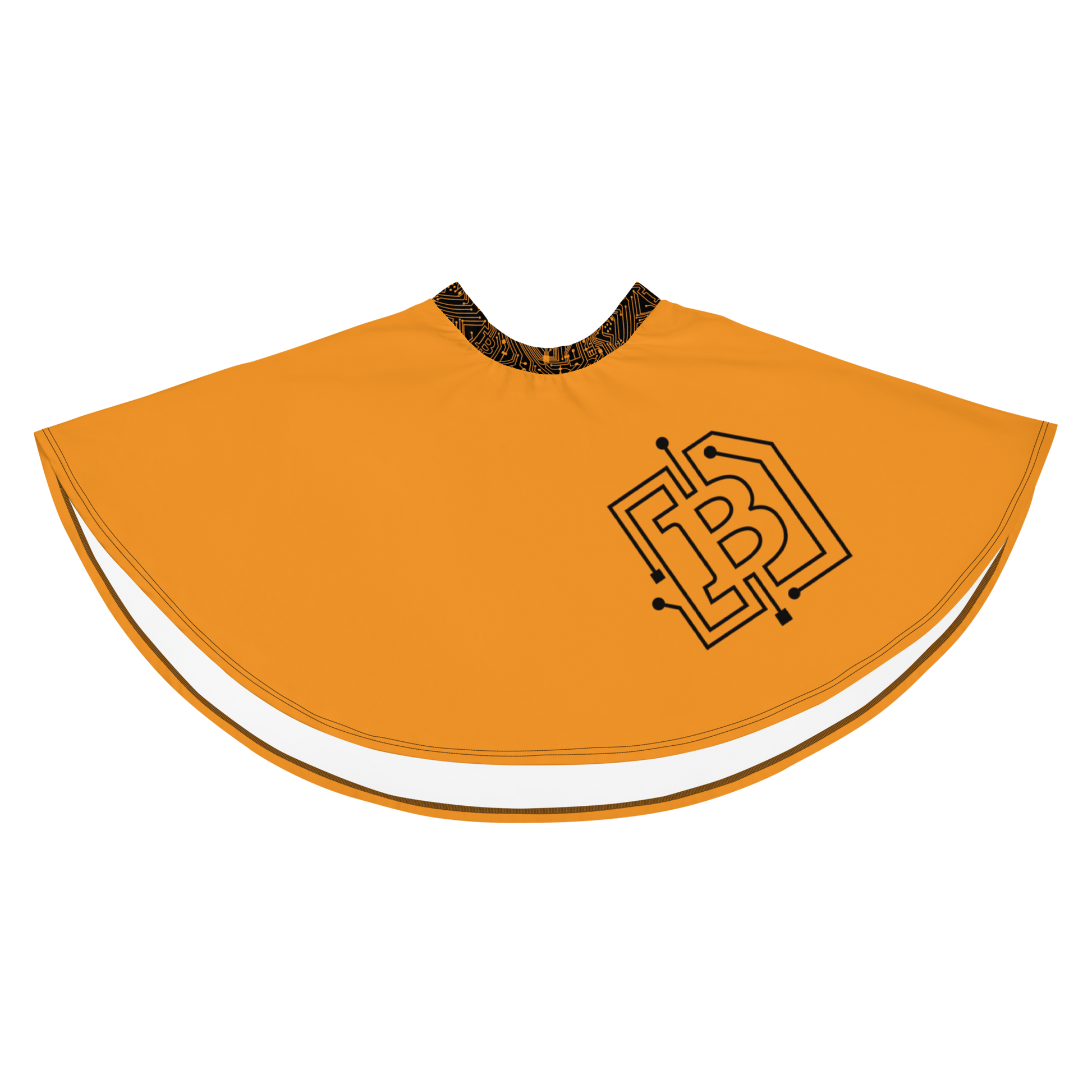 Front view of an orange bitcoin skirt.