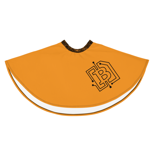 Front view of an orange bitcoin skirt.