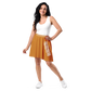 Front view of a woman wearing an orange bitcoin skirt.