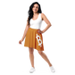 Front view of a woman wearing an orange bitcoin skirt.