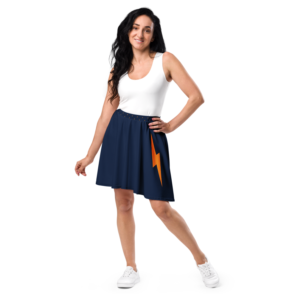 Front view of a woman wearing a navy blue bitcoin skirt.