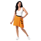 Front view of a woman wearing an orange bitcoin skirt.