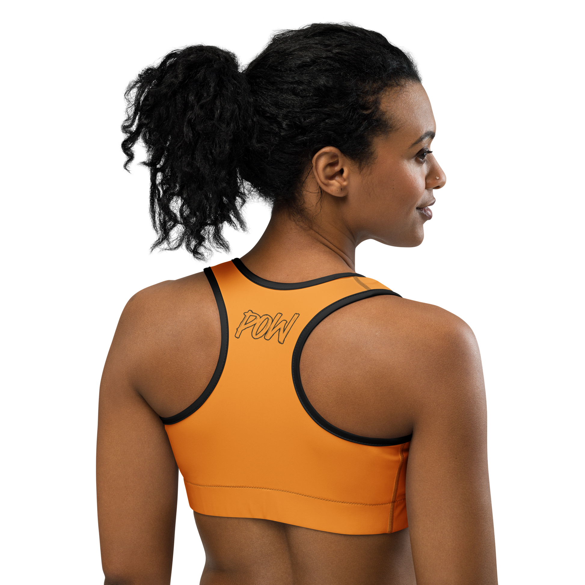 Back view of a woman wearing an orange bitcoin sports bra.