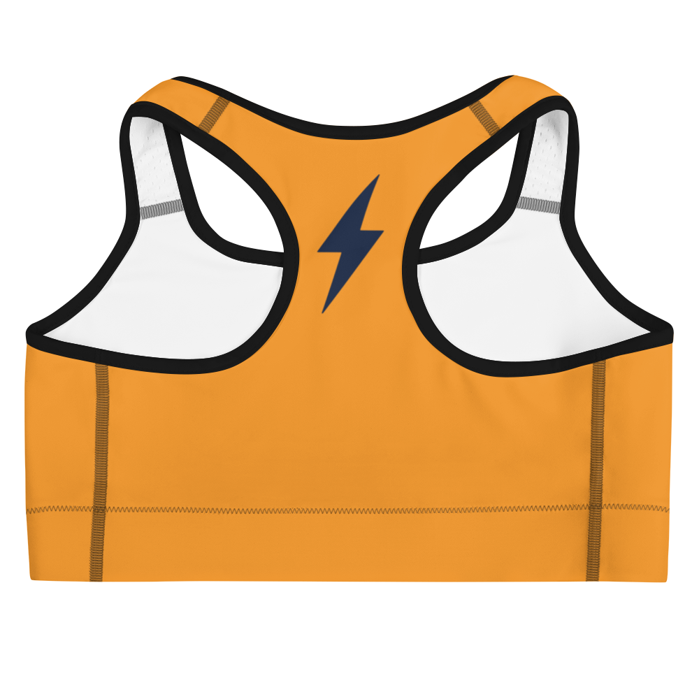 Back view of an orange bitcoin sports bra.