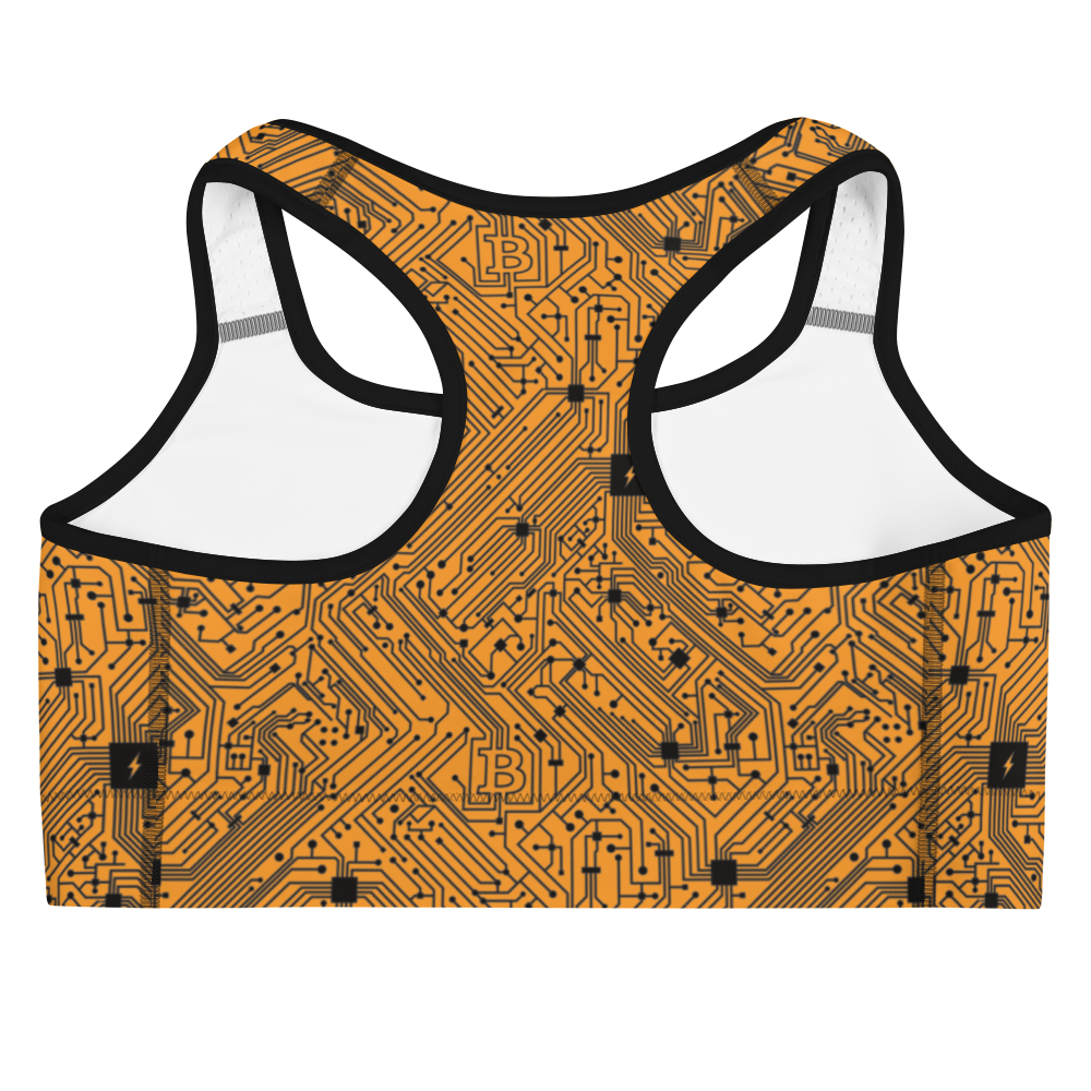 Back view of an orange bitcoin sports bra.