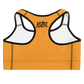 Back view of an orange bitcoin sports bra.