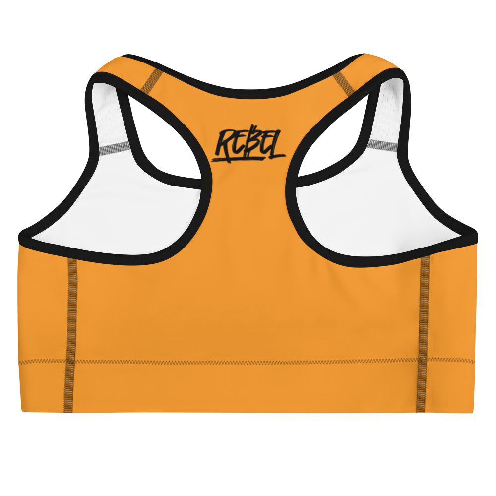 Back view of an orange bitcoin sports bra.