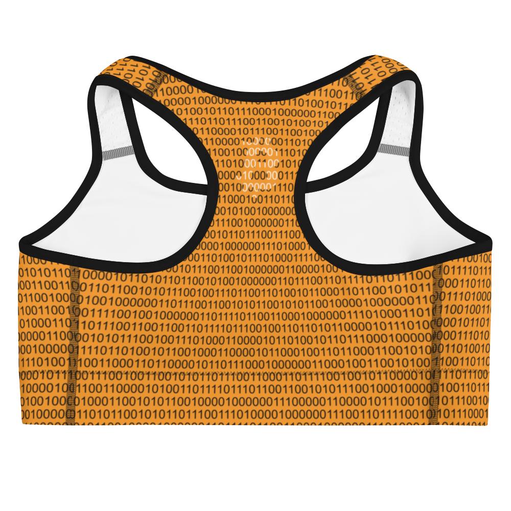 Back view of an orange bitcoin sports bra.