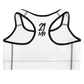 Back view of a white bitcoin sports bra.