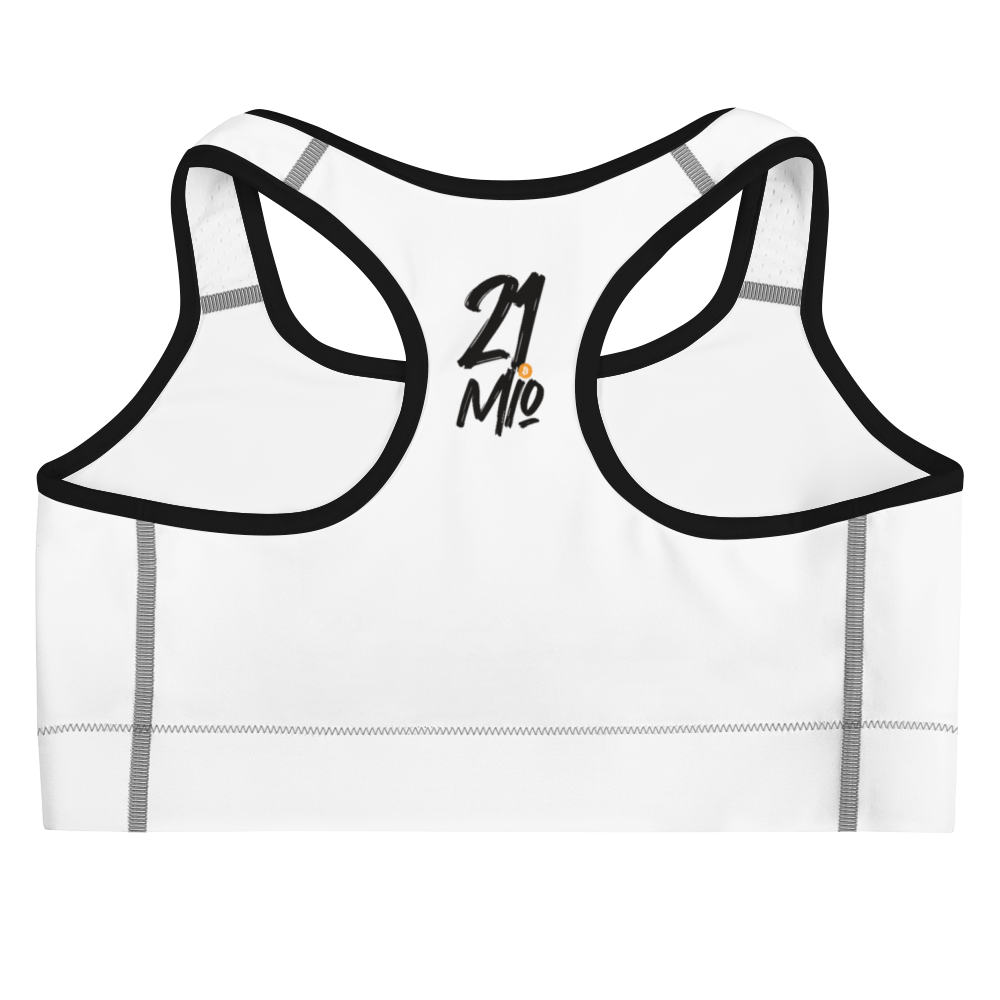 Back view of a white bitcoin sports bra.