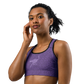 Front view of a woman wearing a purple nostr sports bra.