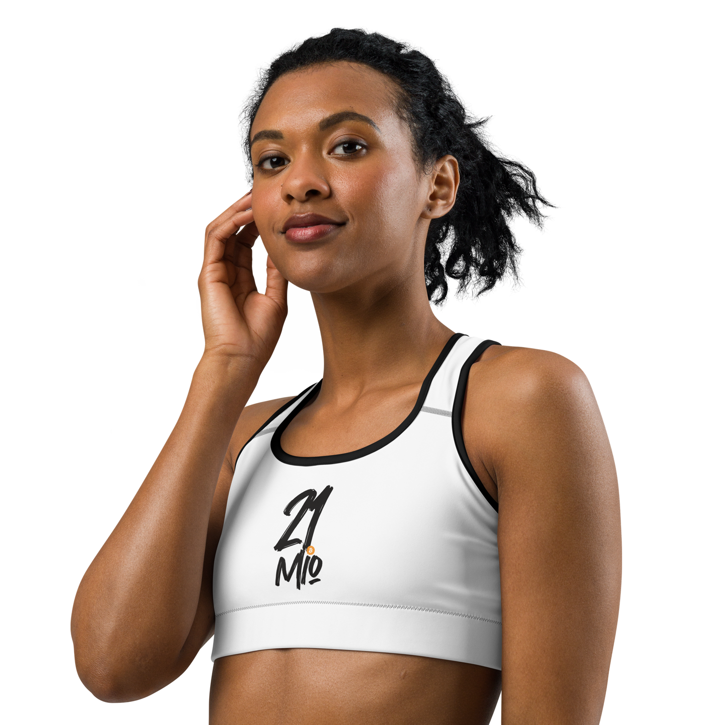 Front view of a woman wearing a white bitcoin sports bra.