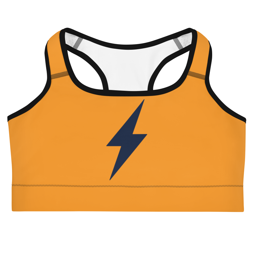 Front view of an orange bitcoin sports bra.