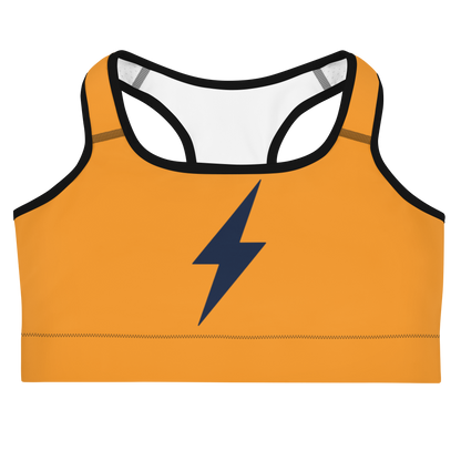 Front view of an orange bitcoin sports bra.