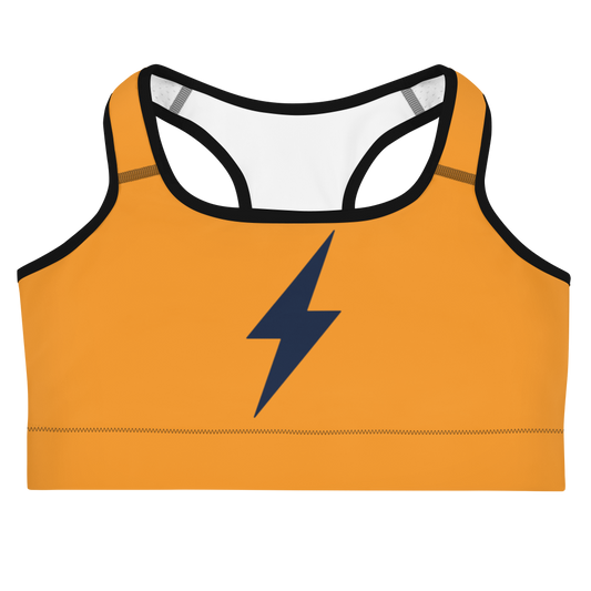 Front view of an orange bitcoin sports bra.