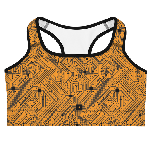 Front view of an orange bitcoin sports bra.