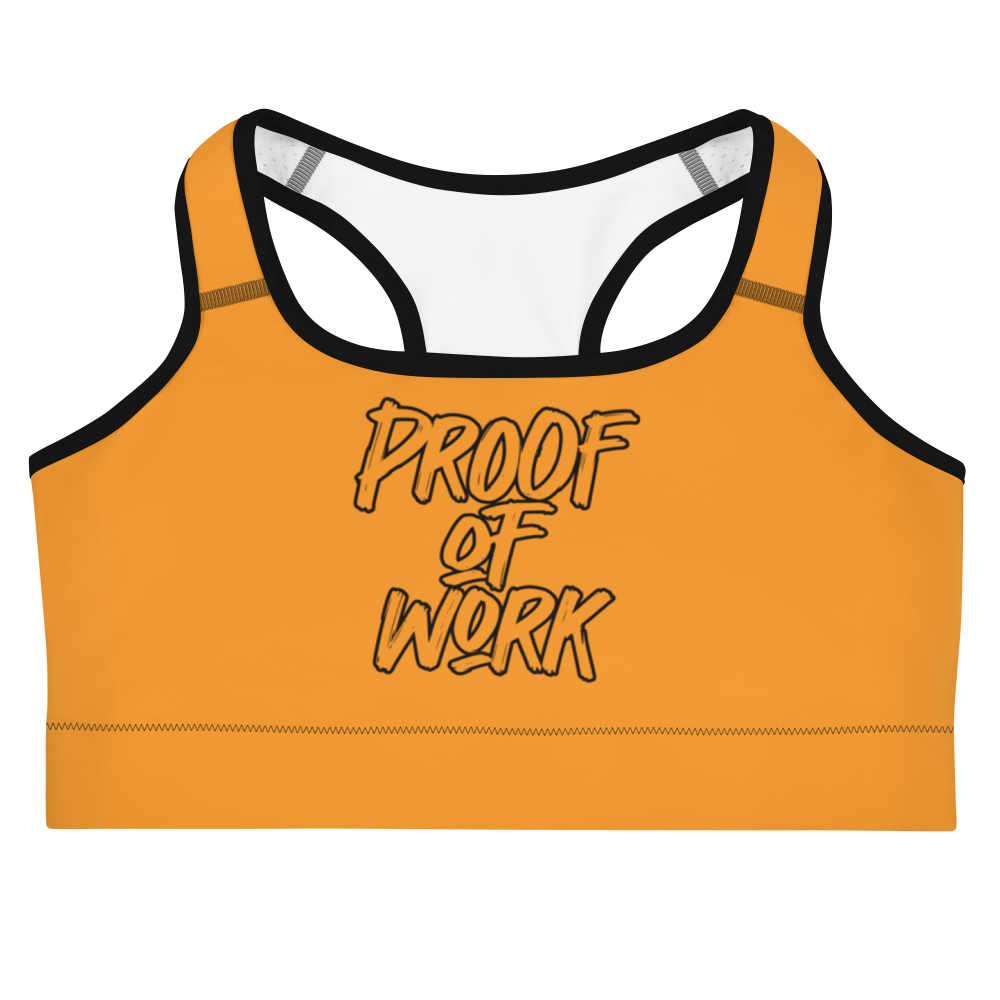 Front view of an orange bitcoin sports bra.