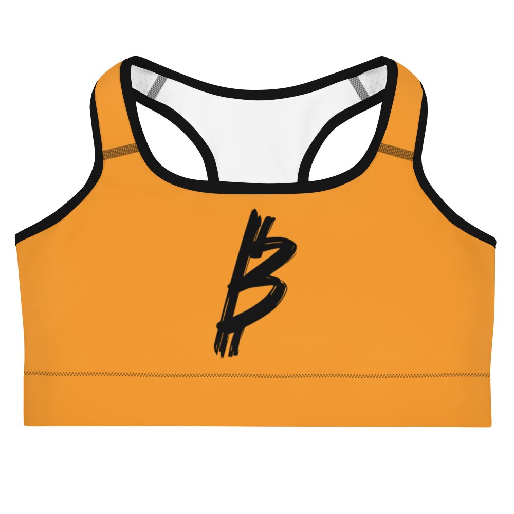 Front view of an orange bitcoin sports bra.