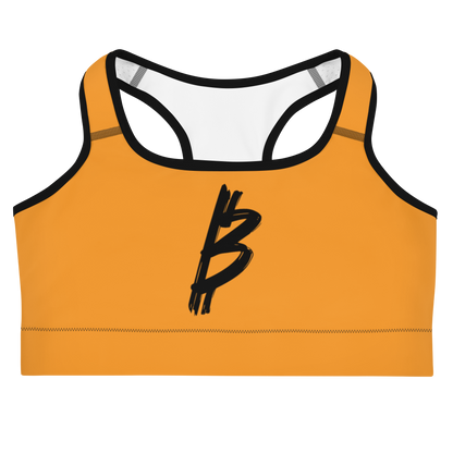 Front view of an orange bitcoin sports bra.