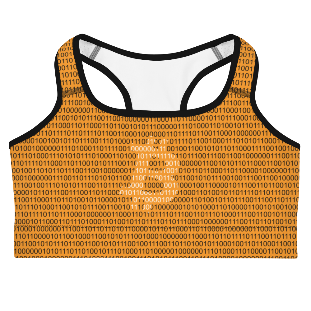 Front view of an orange bitcoin sports bra.