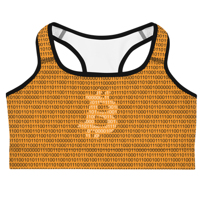 Front view of an orange bitcoin sports bra.