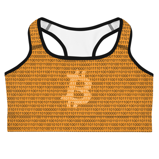 Front view of an orange bitcoin sports bra.