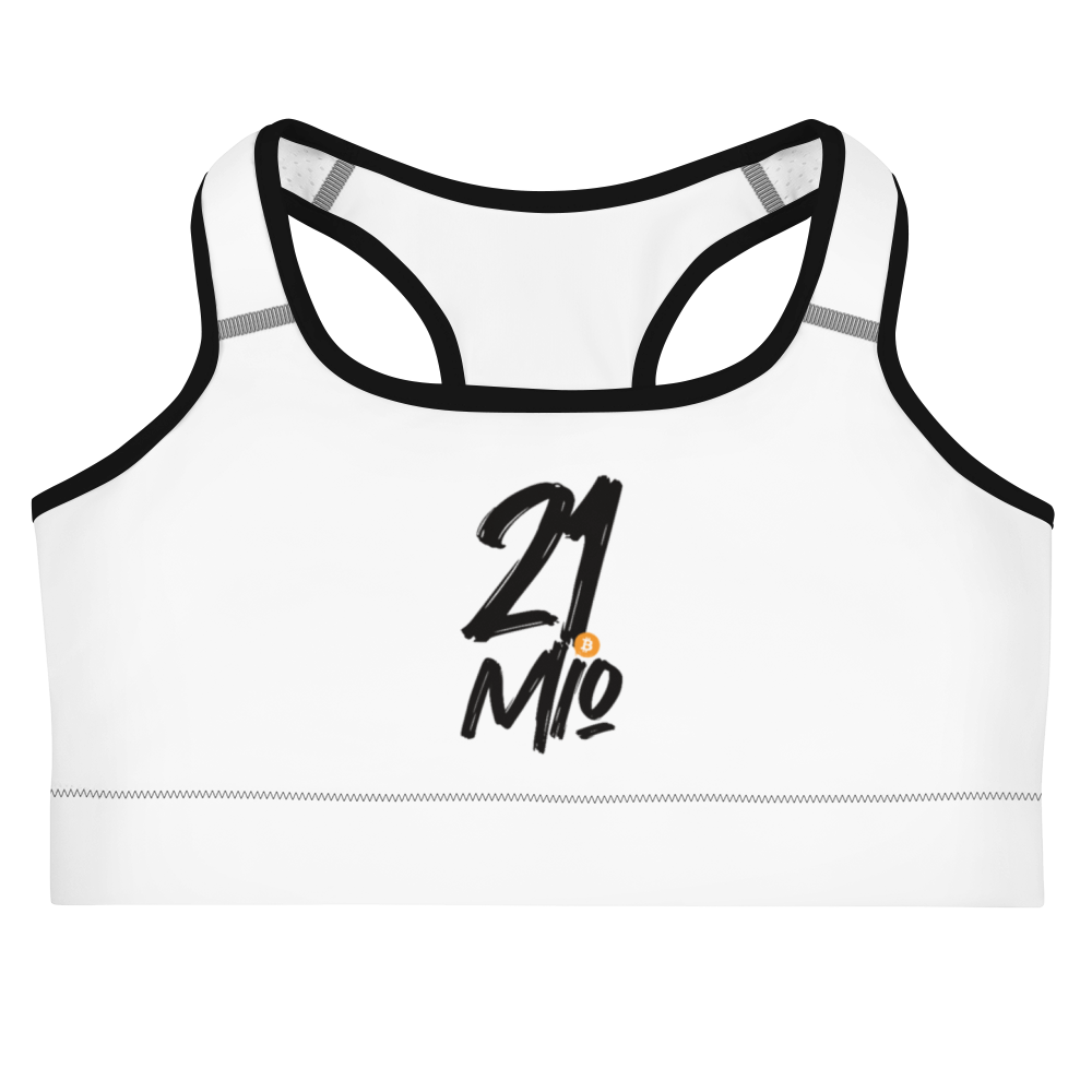 Front view of a white bitcoin sports bra.