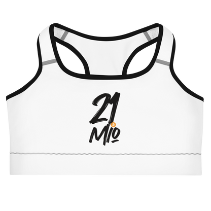 Front view of a white bitcoin sports bra.