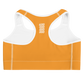 Back view of an orange bitcoin sports bra.