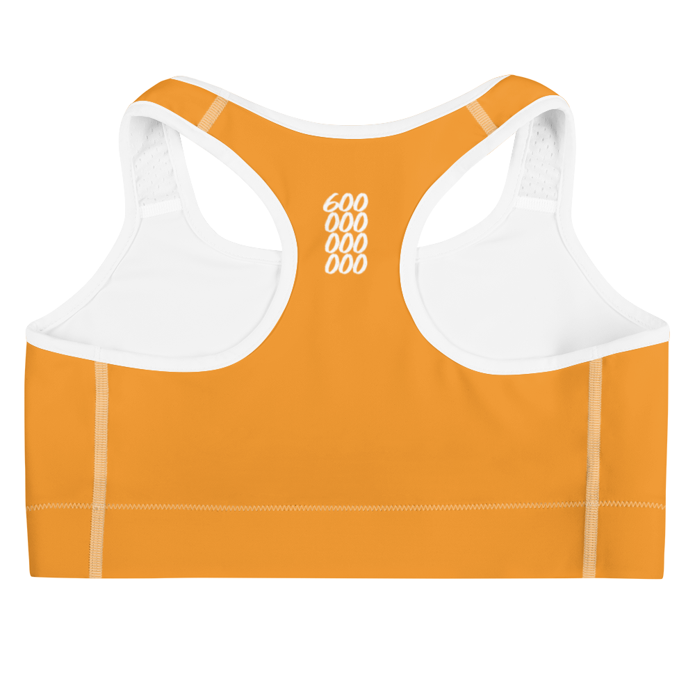 Back view of an orange bitcoin sports bra.