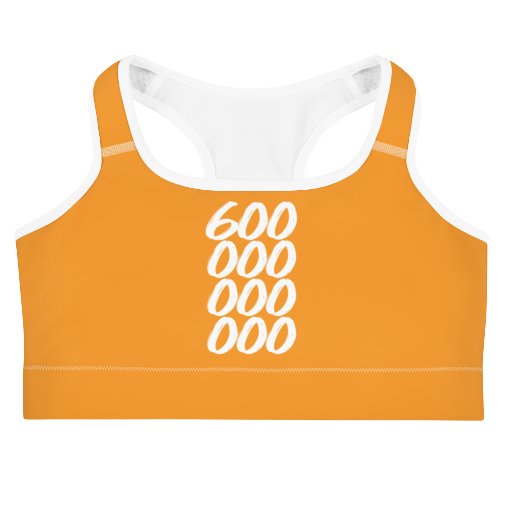 Front view of an orange bitcoin sports bra.