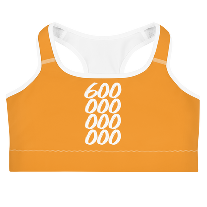 Front view of an orange bitcoin sports bra.