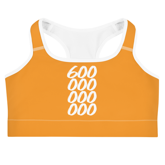 Front view of an orange bitcoin sports bra.