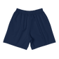 Back view of navy blue bitcoin athletic shorts.