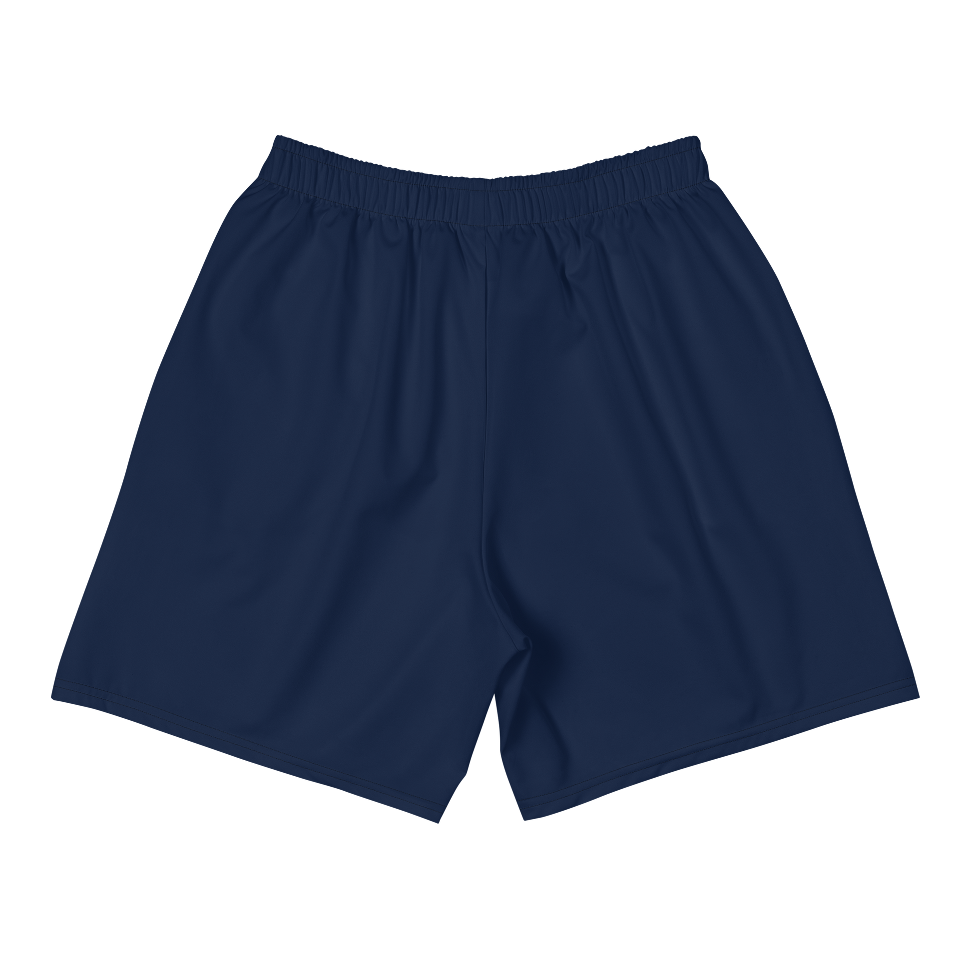 Back view of navy blue bitcoin athletic shorts.