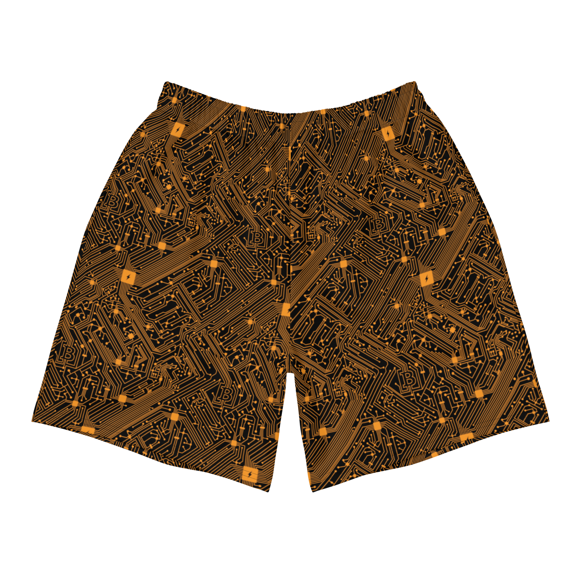 Front view of black and orange bitcoin athletic shorts.