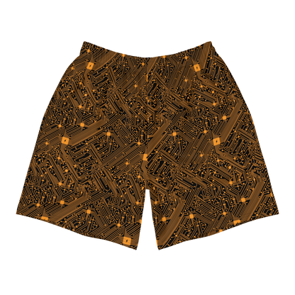 Front view of black and orange bitcoin athletic shorts.