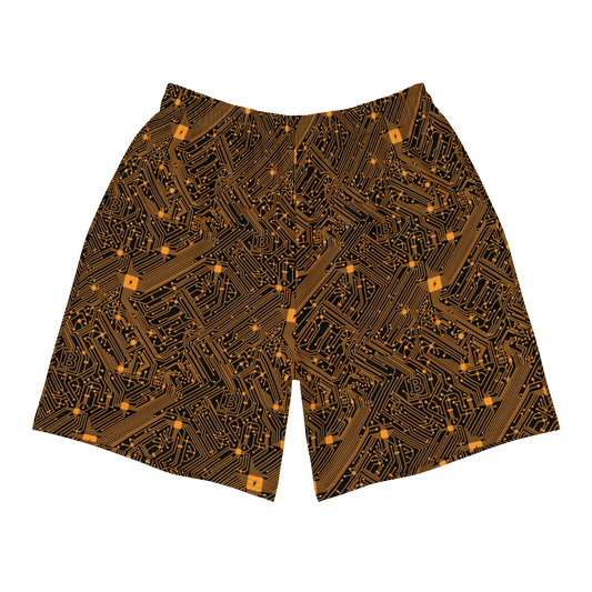 Front view of black and orange bitcoin athletic shorts.