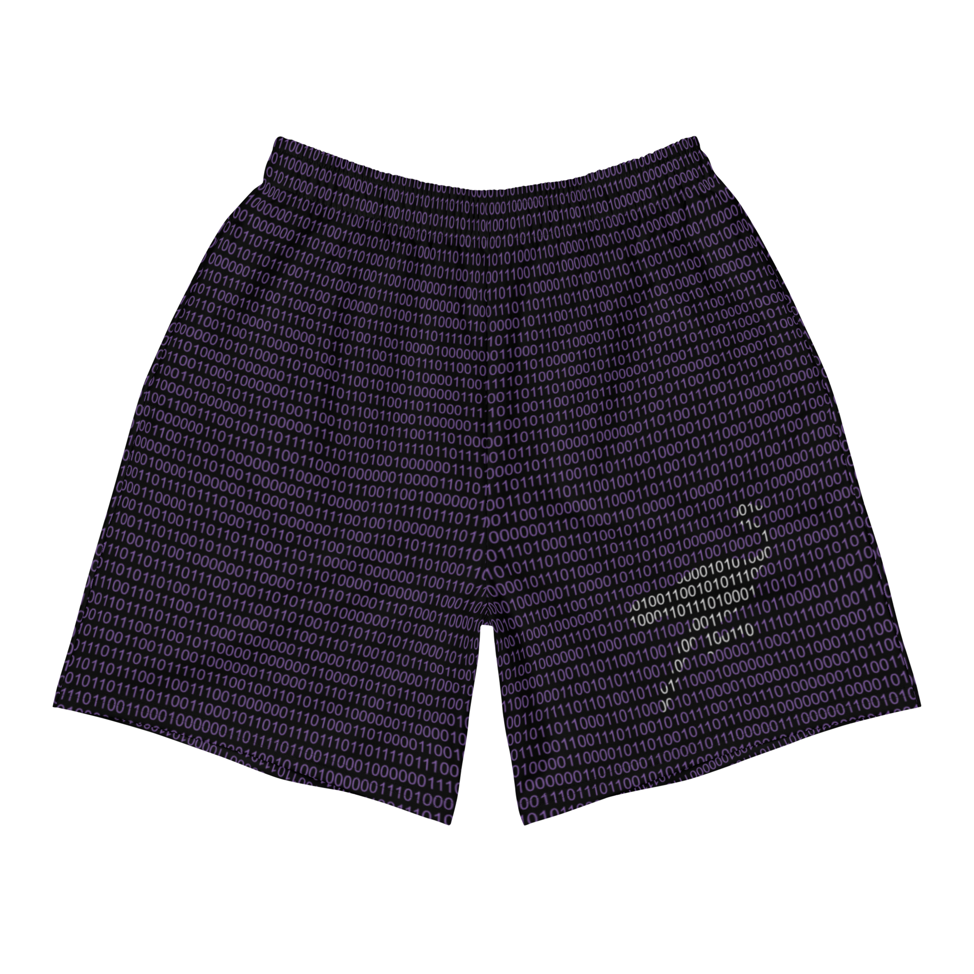 Front view of black and purple nostr athletic shorts.